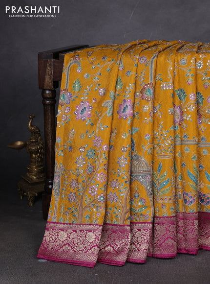 Crepe silk ssaree mustard yellow and pink with allover mina weaves & pita work and zari woven border