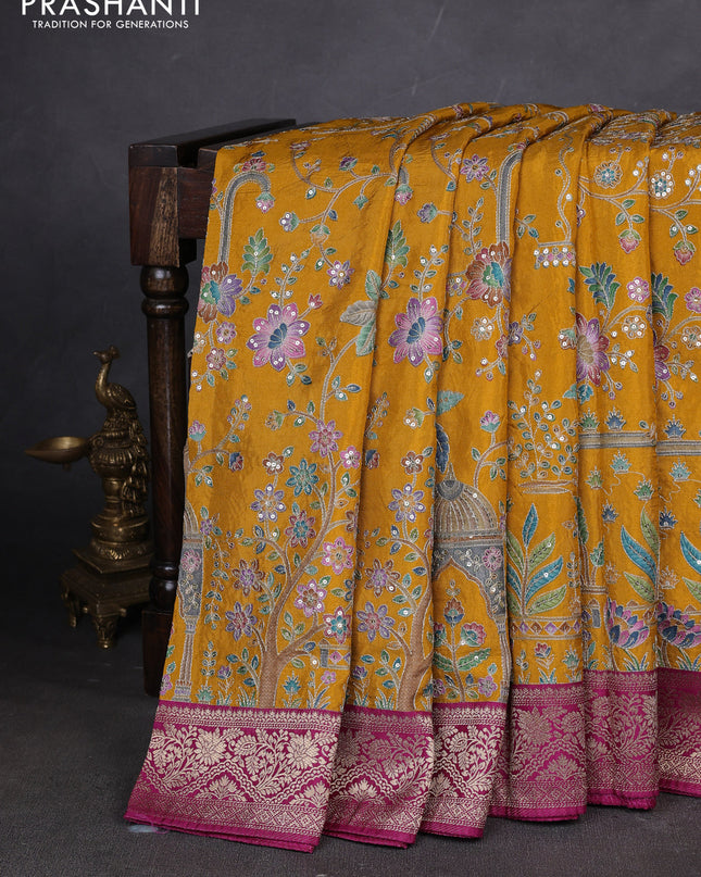 Crepe silk ssaree mustard yellow and pink with allover mina weaves & pita work and zari woven border