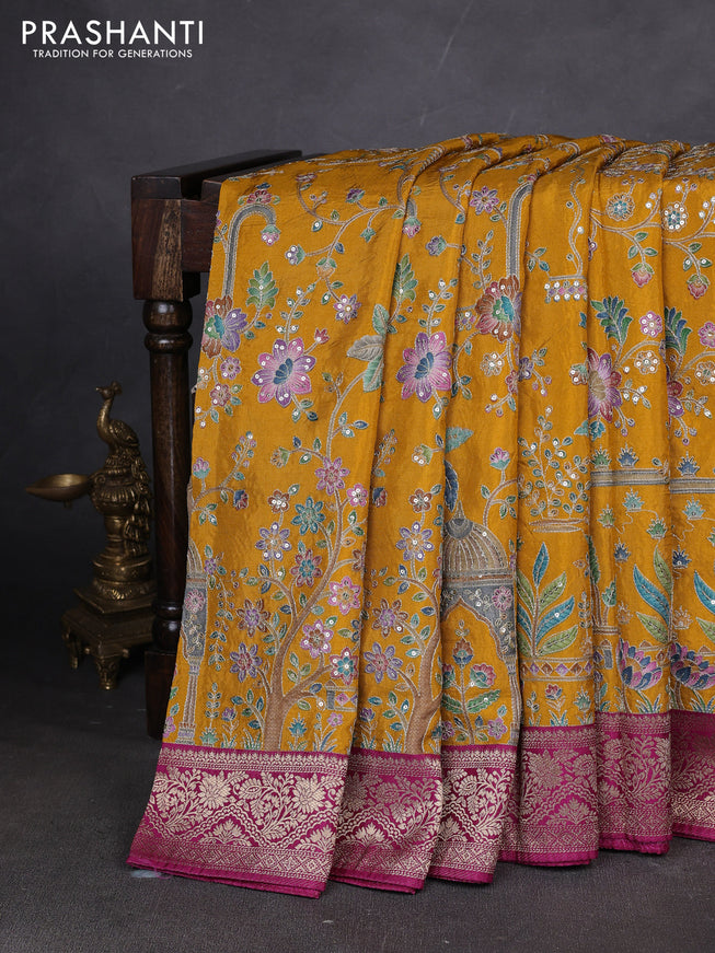 Crepe silk ssaree mustard yellow and pink with allover mina weaves & pita work and zari woven border