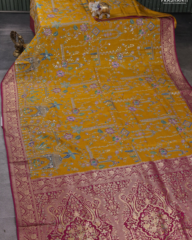 Crepe silk ssaree mustard yellow and pink with allover mina weaves & pita work and zari woven border