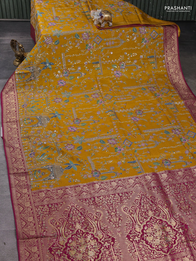 Crepe silk ssaree mustard yellow and pink with allover mina weaves & pita work and zari woven border