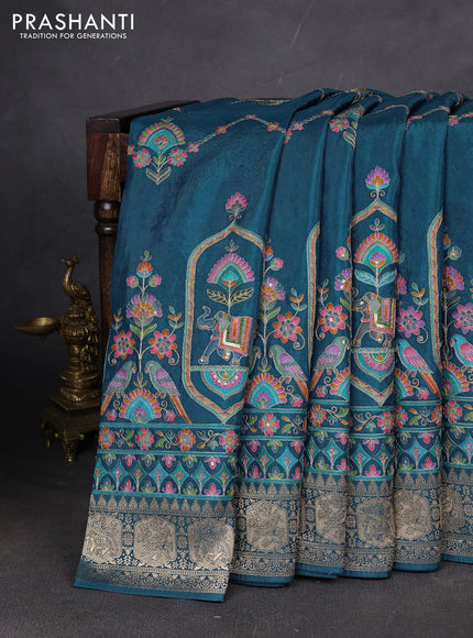 Crepe silk ssaree peacock blue with allover mina weaves & pita work and zari woven border