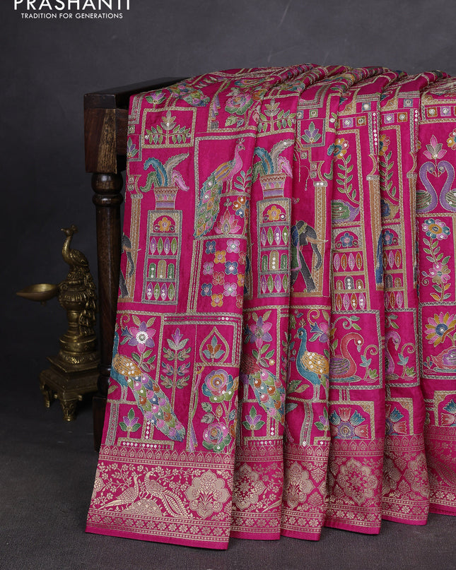 Crepe silk ssaree pink with allover mina weaves & pita work and zari woven border