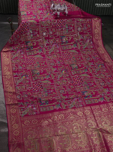 Crepe silk ssaree pink with allover mina weaves & pita work and zari woven border