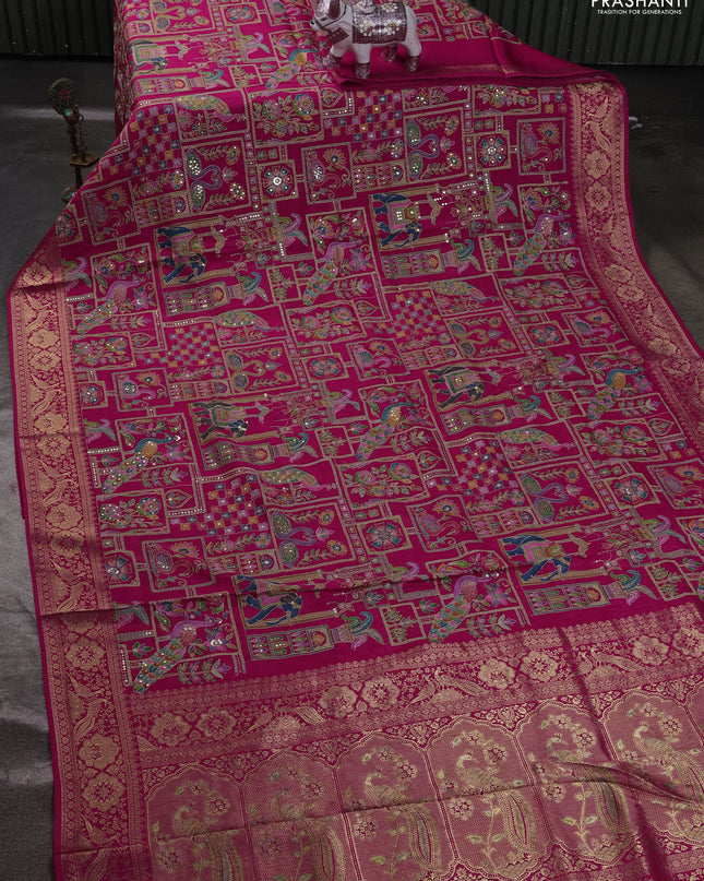 Crepe silk ssaree pink with allover mina weaves & pita work and zari woven border