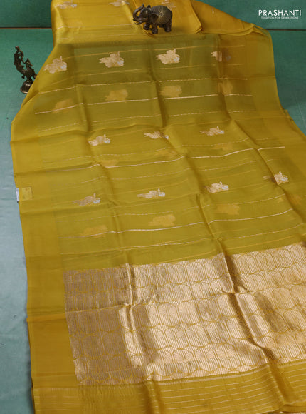 Pure banarasi Organza silk saree yellow with zari woven floral buttas in borderless style