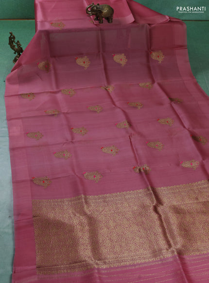 Pure banarasi Organza silk saree peach shade with woven buttas in borderless style