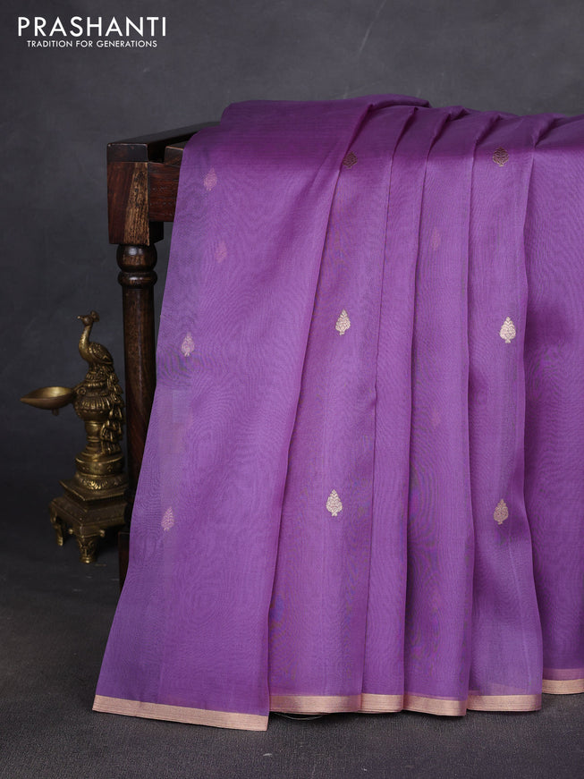 Pure banarasi Organza silk saree lavender with zari woven buttas and zari woven piping border