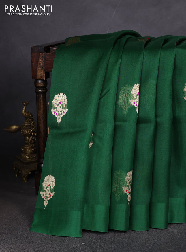 Pure banarasi Organza silk saree green with zari woven buttas in borderless style