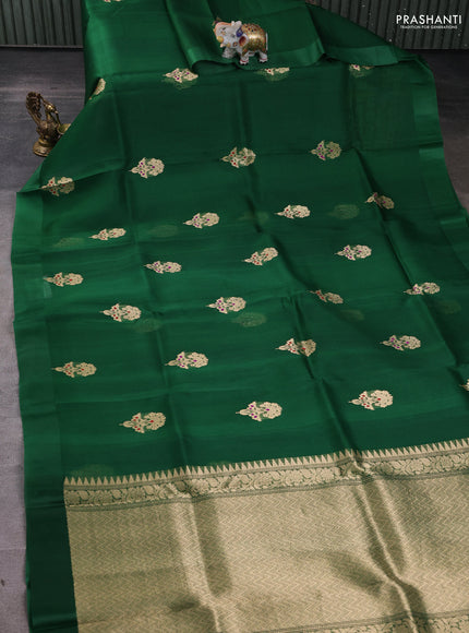 Pure banarasi Organza silk saree green with zari woven buttas in borderless style