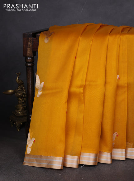 Pure banarasi Organza silk saree mustard yellow with zari woven bird buttas and zari woven border