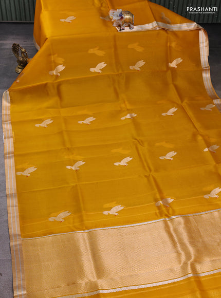 Pure banarasi Organza silk saree mustard yellow with zari woven bird buttas and zari woven border