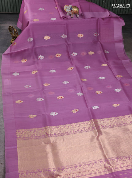 Pure banarasi Organza silk saree light pink with silver & gold zari woven buttas in borderless style