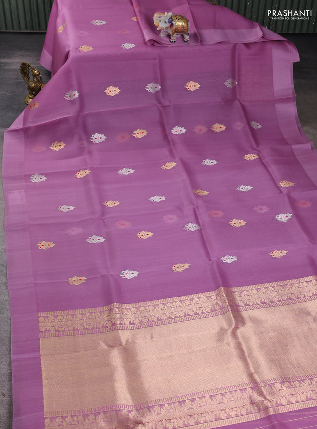 Pure banarasi Organza silk saree light pink with silver & gold zari woven buttas in borderless style