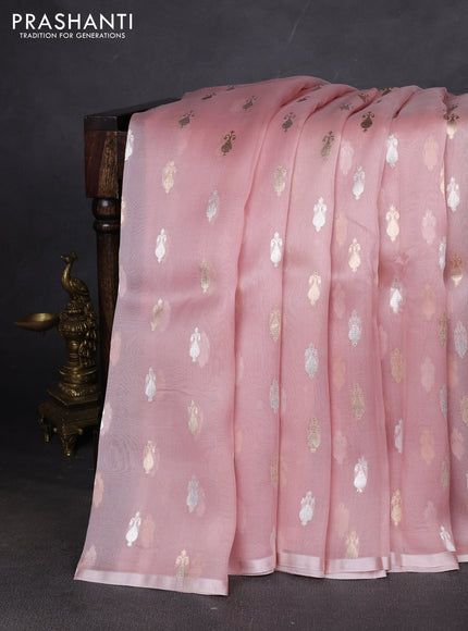 Pure banarasi Organza silk saree mild peach with silver & gold zari woven buttas and zari woven piping border