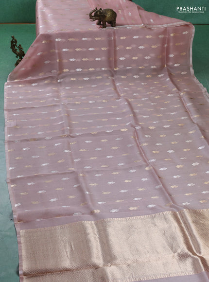 Pure banarasi Organza silk saree mild peach with silver & gold zari woven buttas and zari woven piping border