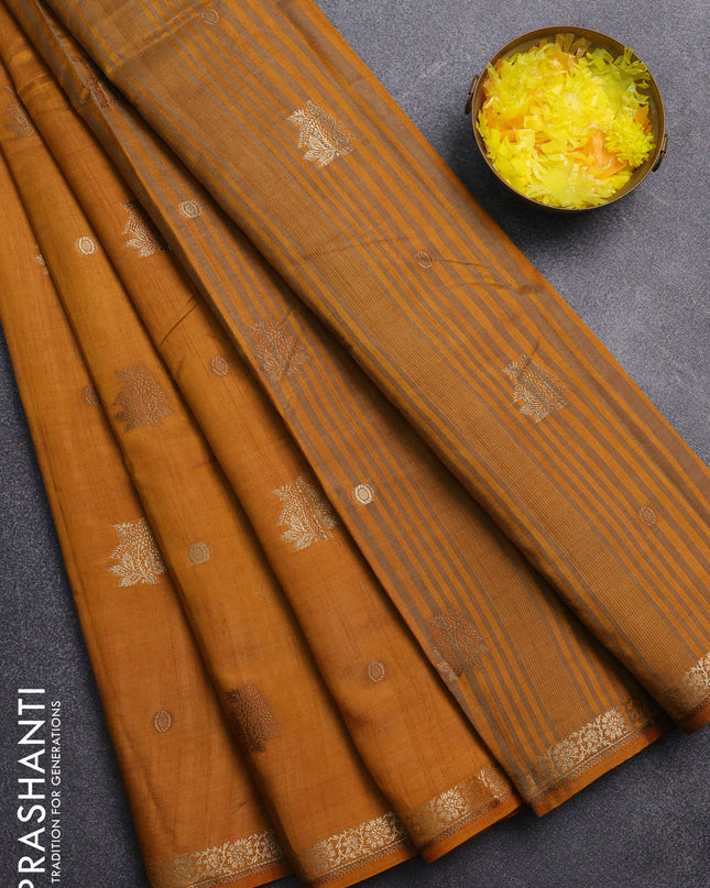 Semi raw silk saree mustard yellow with zari woven buttas and zari woven border
