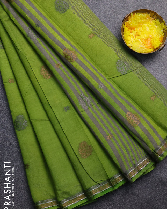 Semi raw silk saree light green with thread woven buttas and thread woven border