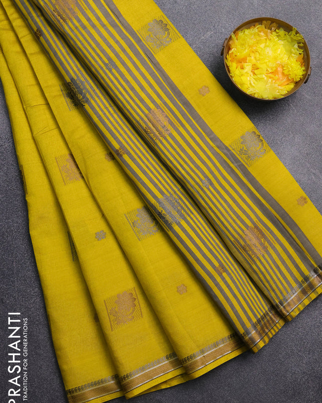 Semi raw silk saree lime yellow with thread woven buttas and thread woven border