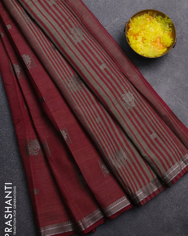 Semi raw silk saree wine shade with thread woven buttas and thread woven border