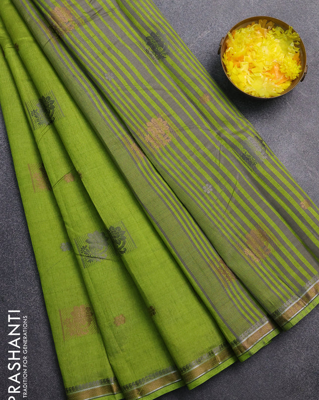 Semi raw silk saree light green with thread woven buttas and thread woven border