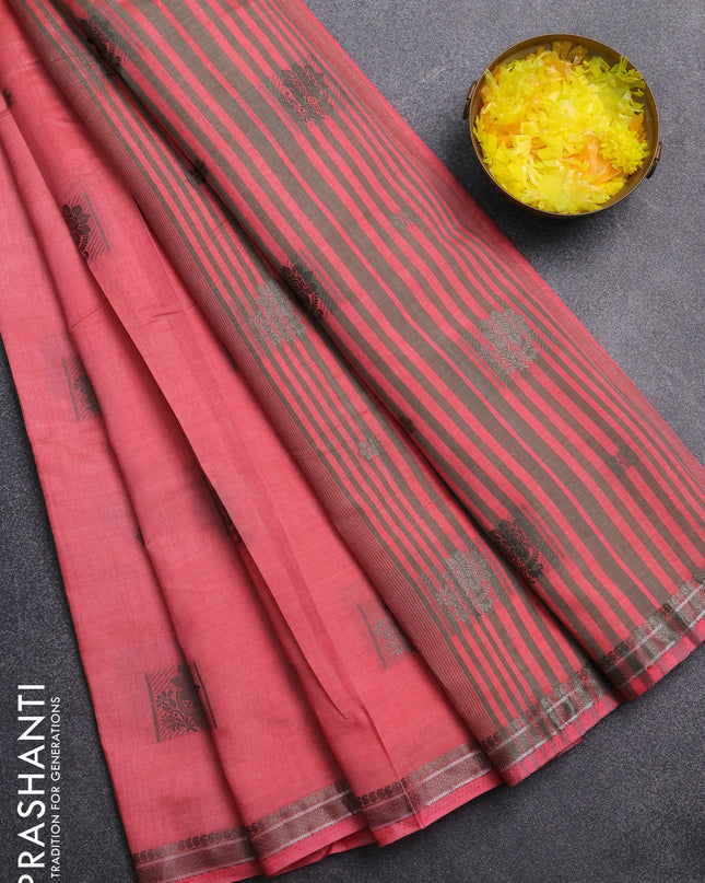 Semi raw silk saree peach pink with thread woven buttas and thread woven border