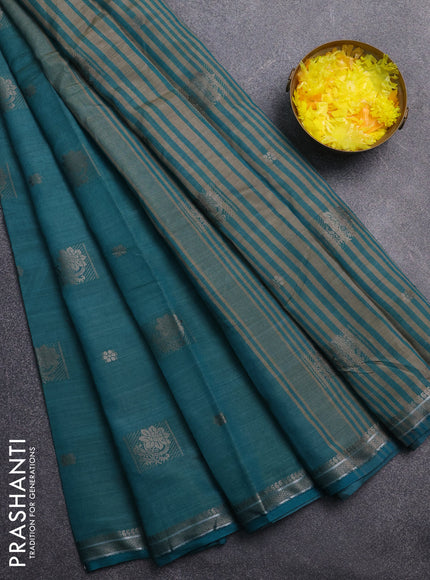 Semi raw silk saree peacock green with thread woven buttas and thread woven border