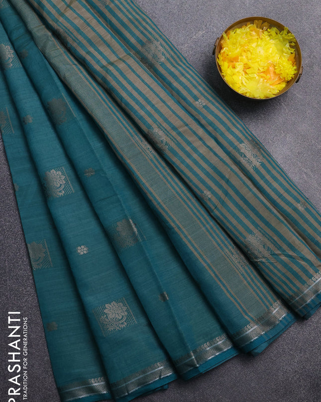 Semi raw silk saree peacock green with thread woven buttas and thread woven border