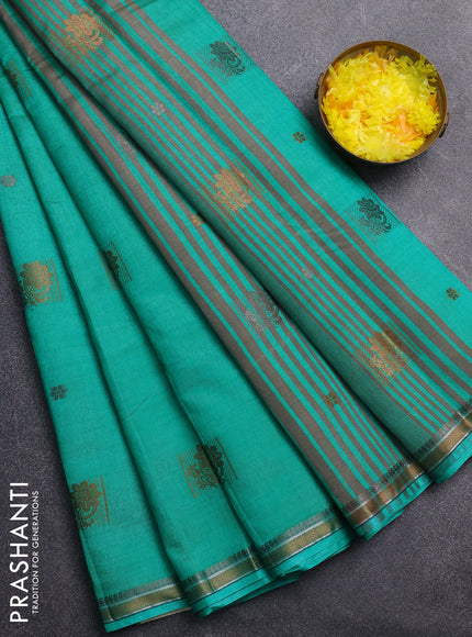 Semi raw silk saree teal green with thread woven buttas and thread woven border