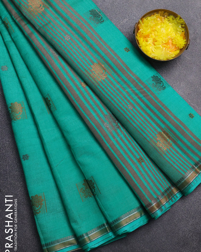 Semi raw silk saree teal green with thread woven buttas and thread woven border