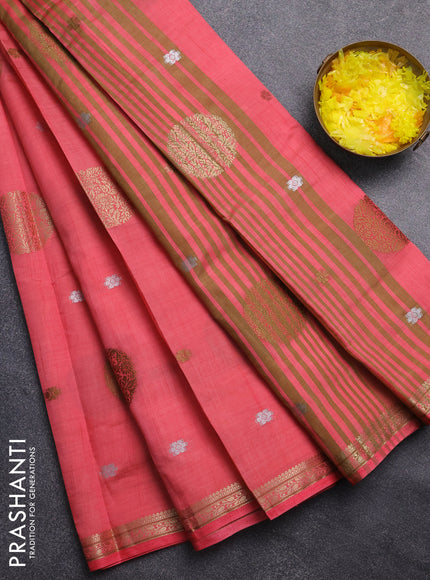 Semi raw silk saree peach pink with thread & zari woven buttas and zari woven border