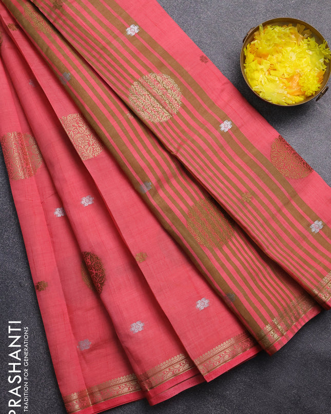 Semi raw silk saree peach pink with thread & zari woven buttas and zari woven border