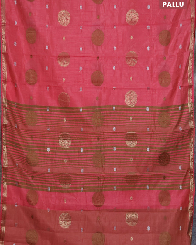 Semi raw silk saree peach pink with thread & zari woven buttas and zari woven border