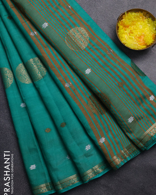 Semi raw silk saree teal green with thread & zari woven buttas and zari woven border