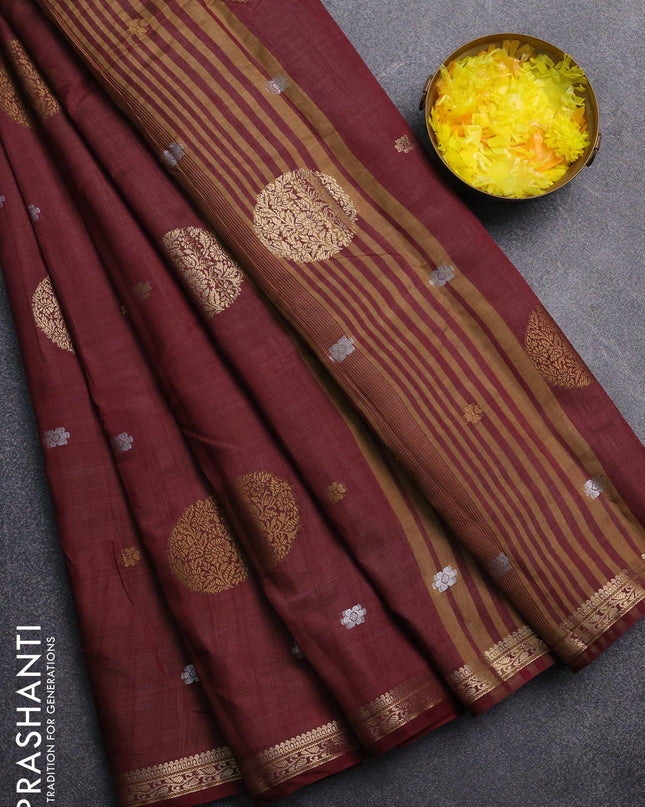 Semi raw silk saree deep maroon with thread & zari woven buttas and zari woven border