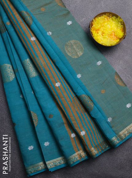 Semi raw silk saree teal blue with thread & zari woven buttas and zari woven border