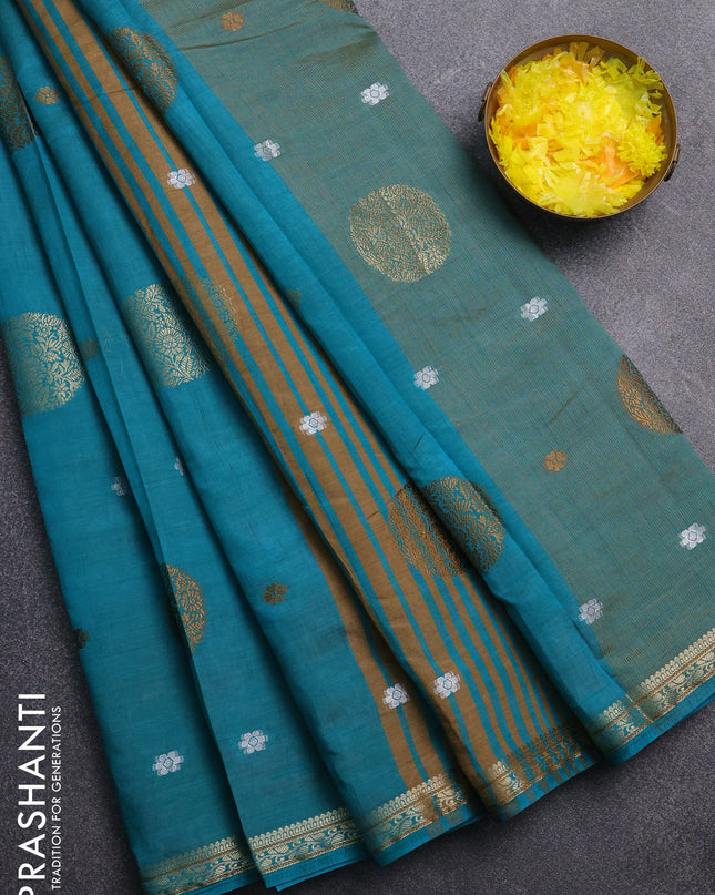Semi raw silk saree teal blue with thread & zari woven buttas and zari woven border
