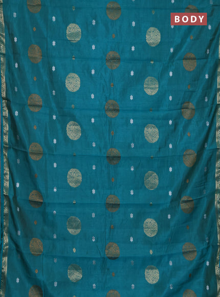 Semi raw silk saree teal blue with thread & zari woven buttas and zari woven border