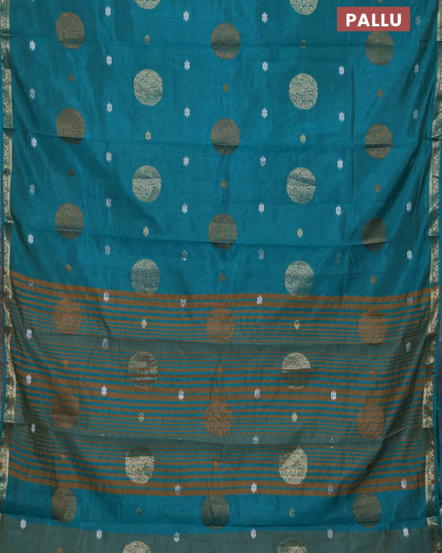 Semi raw silk saree teal blue with thread & zari woven buttas and zari woven border