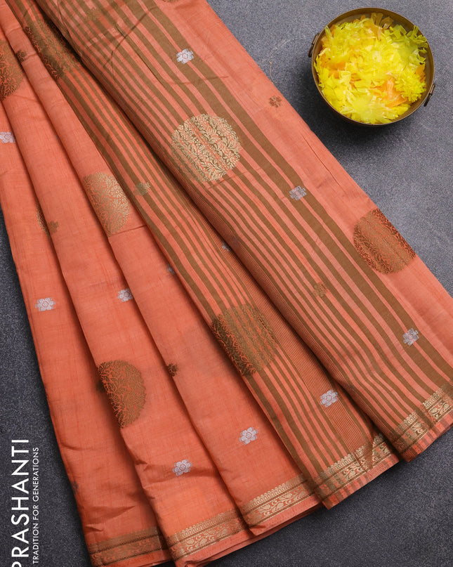 Semi raw silk saree pale orange with thread & zari woven buttas and zari woven border