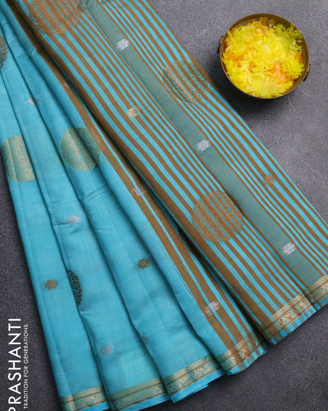 Semi raw silk saree light blue with thread & zari woven buttas and zari woven border