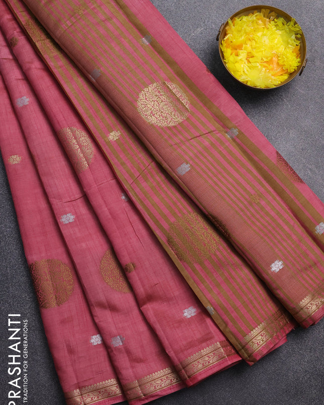 Semi raw silk saree mauve pink with thread & zari woven buttas and zari woven border