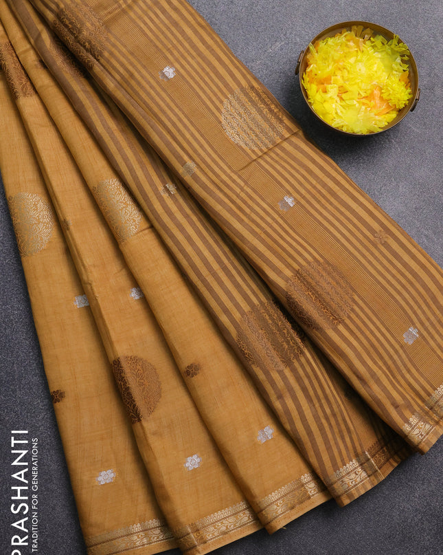 Semi raw silk saree sandal with thread & zari woven buttas and zari woven border