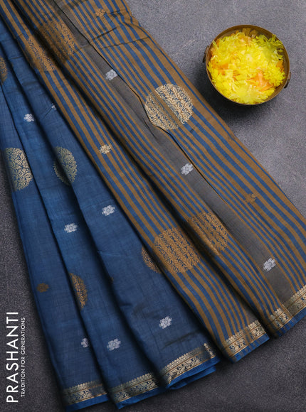 Semi raw silk saree peacock blue with thread & zari woven buttas and zari woven border