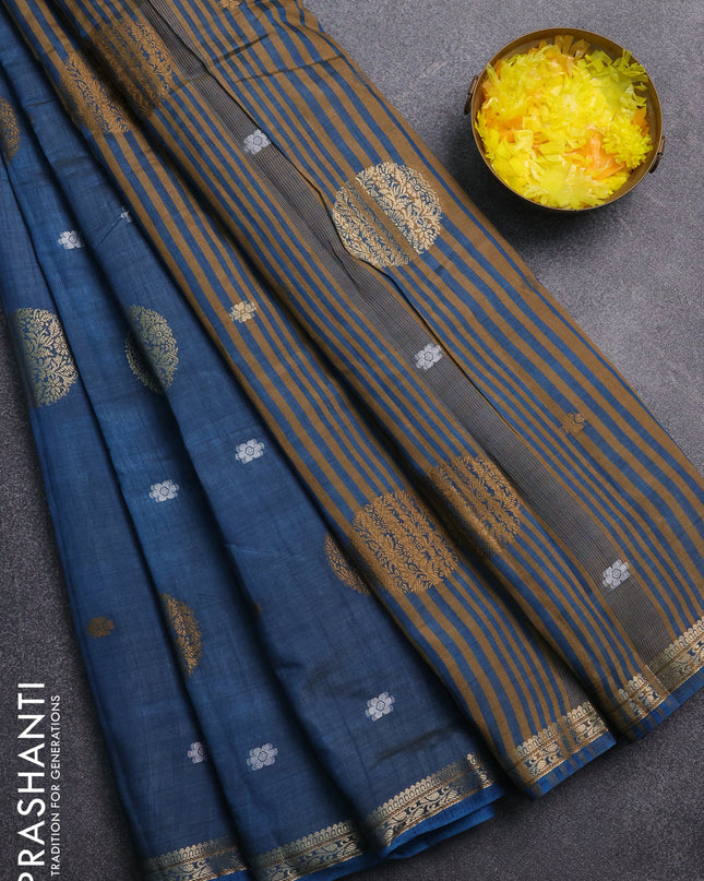 Semi raw silk saree peacock blue with thread & zari woven buttas and zari woven border