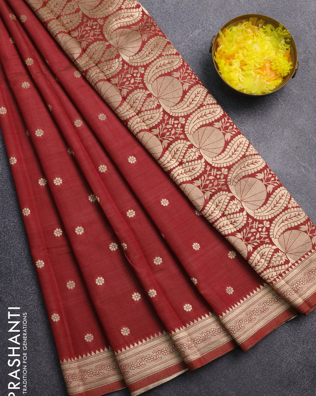 Semi raw silk saree maroon with zari woven buttas and zari woven border
