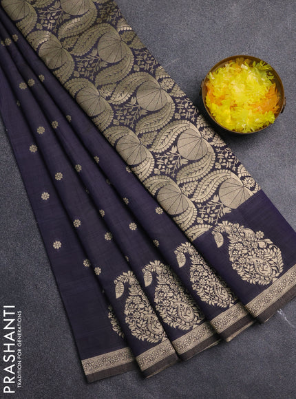Semi raw silk saree navy blue with zari woven buttas and zari woven border