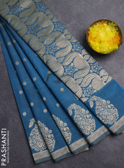 Semi raw silk saree cs blue with zari woven buttas and zari woven border