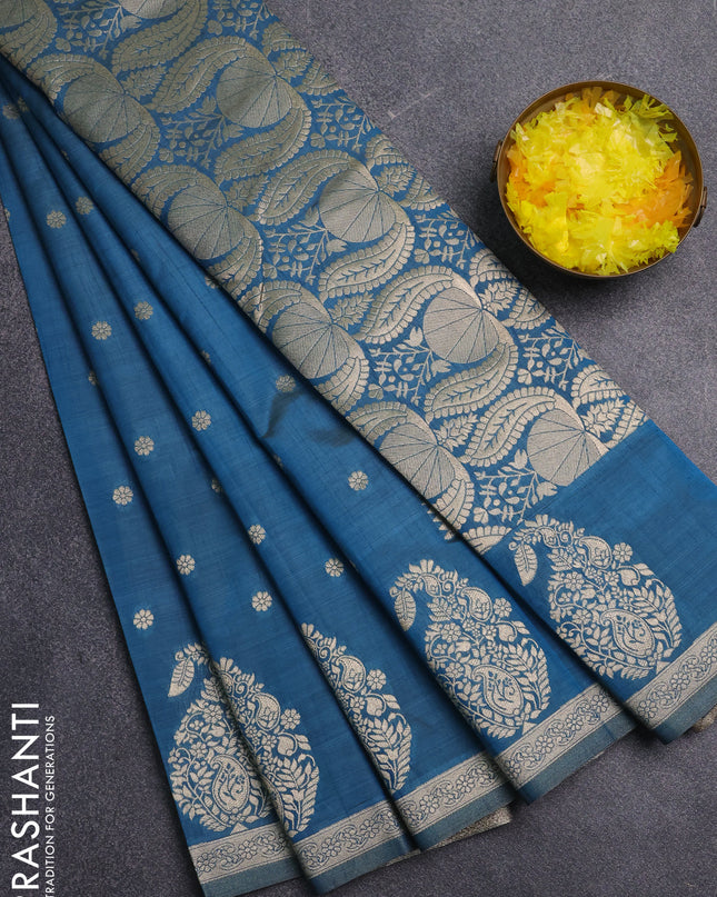 Semi raw silk saree cs blue with zari woven buttas and zari woven border