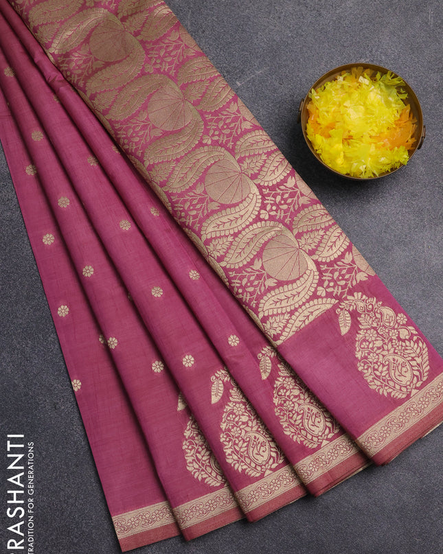 Semi raw silk saree mauve pink with zari woven buttas and zari woven border